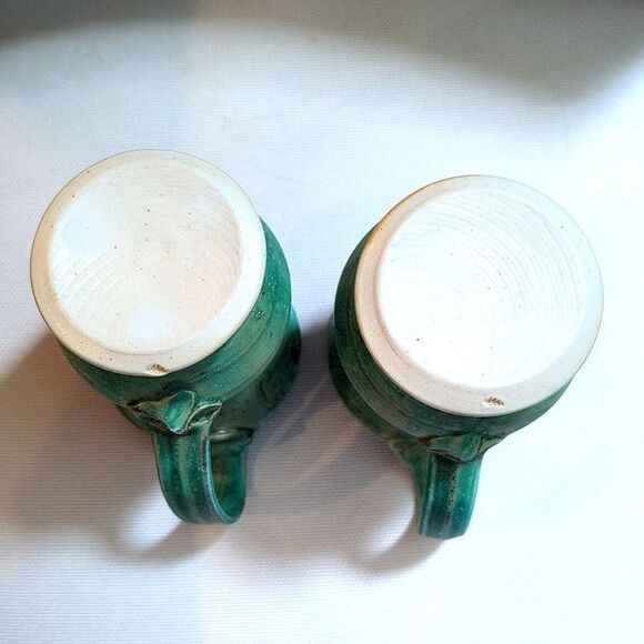 Handmade Turquoise Ceramic Textured Coffee Mug Set Artist Signed Pottery Cups - Picture 6 of 9